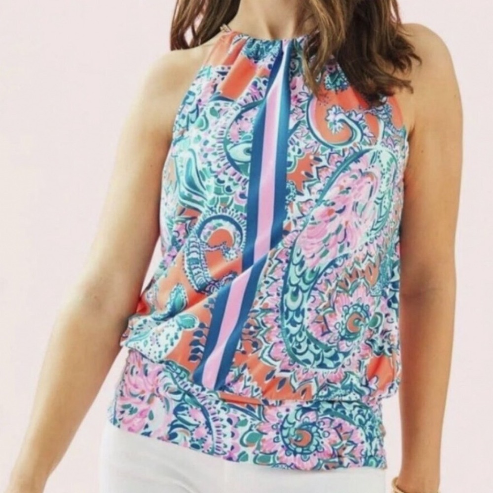 Lilly Pulitzer Bowen Top Tangerine Dream Engineered Paisley Pink Blue M